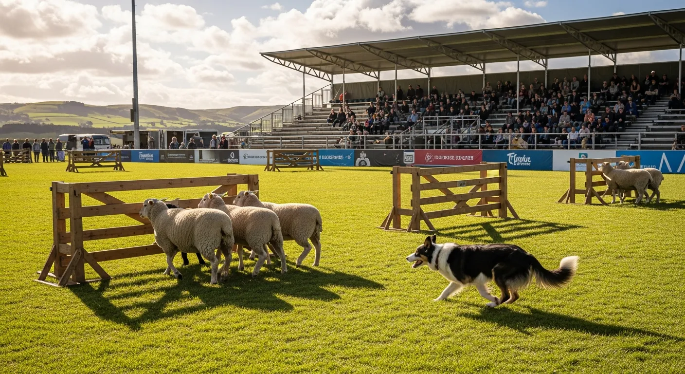 Herding competition arena with Border Collie moving sheep through gates