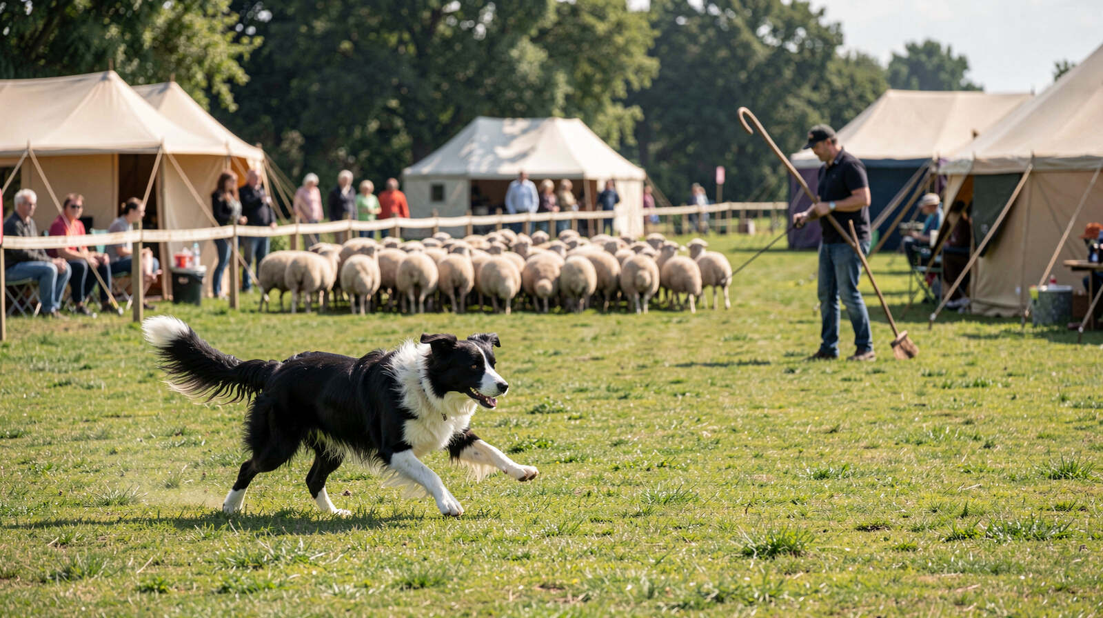 Border collie sprinting in a wide outrun toward a flock of sheep on a green herding trial field