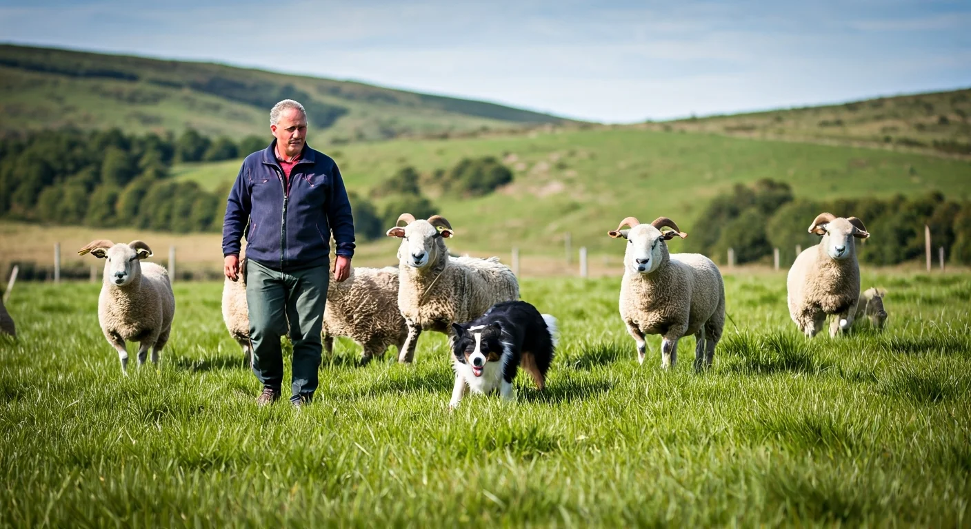 British shepherd working hill sheep at International trial