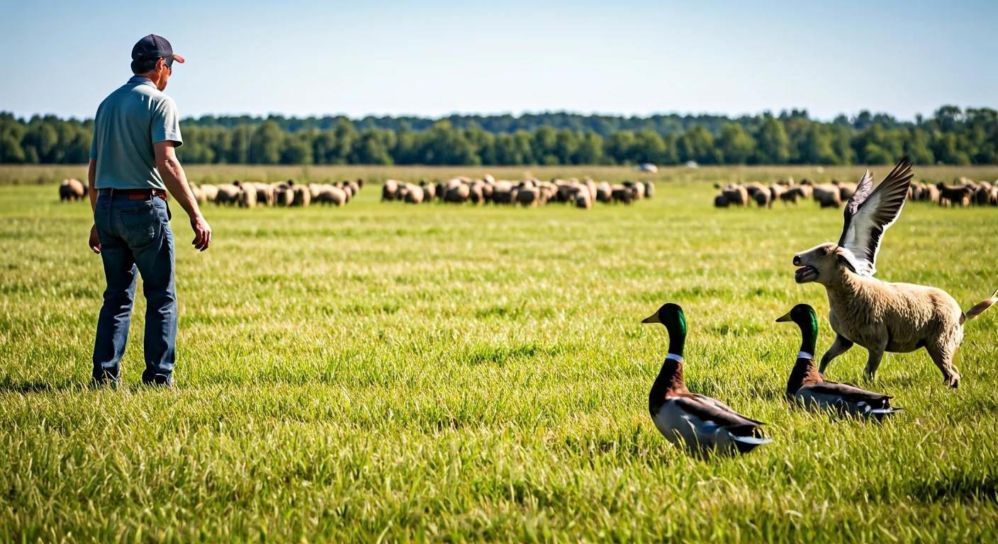 Handler directing dog on a multi-species trial field