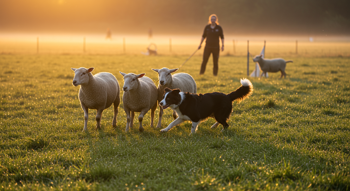 Young border collie puppy learning basic outrun on small flock of sheep in open pasture at sunrise