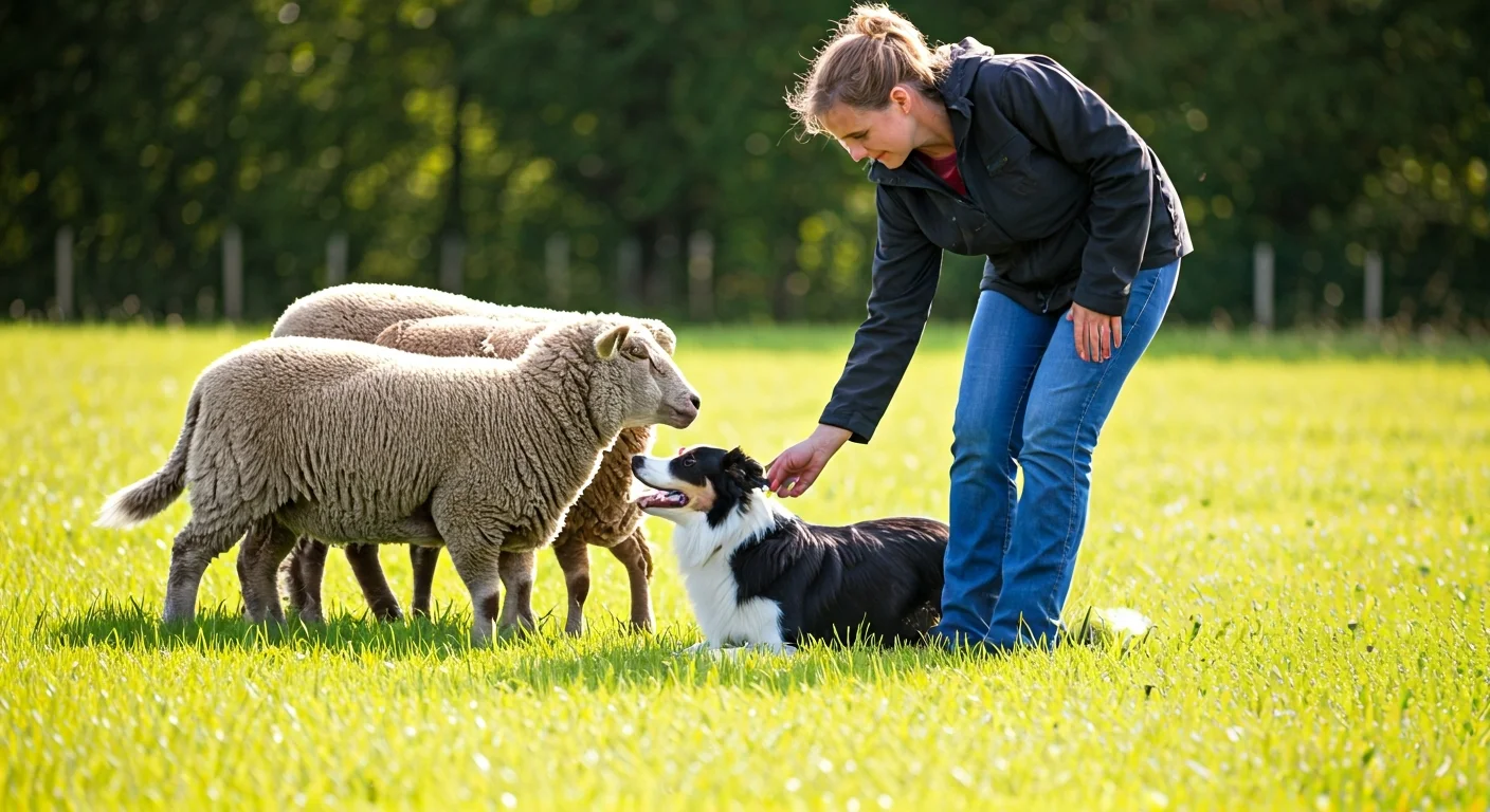 Handler evaluating herding instinct in young dog