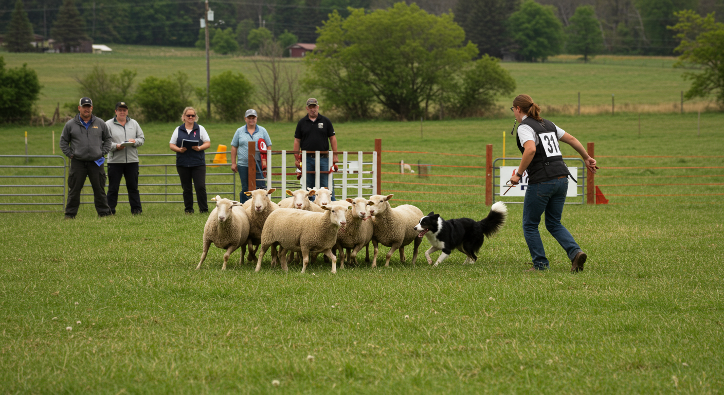 Handler with whistle directing border collie around a group of sheep at a USBCHA style trial field with judges watching
