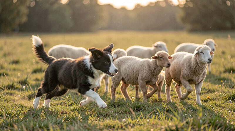 Young border collie puppy learning an outrun on a small flock of sheep at sunrise